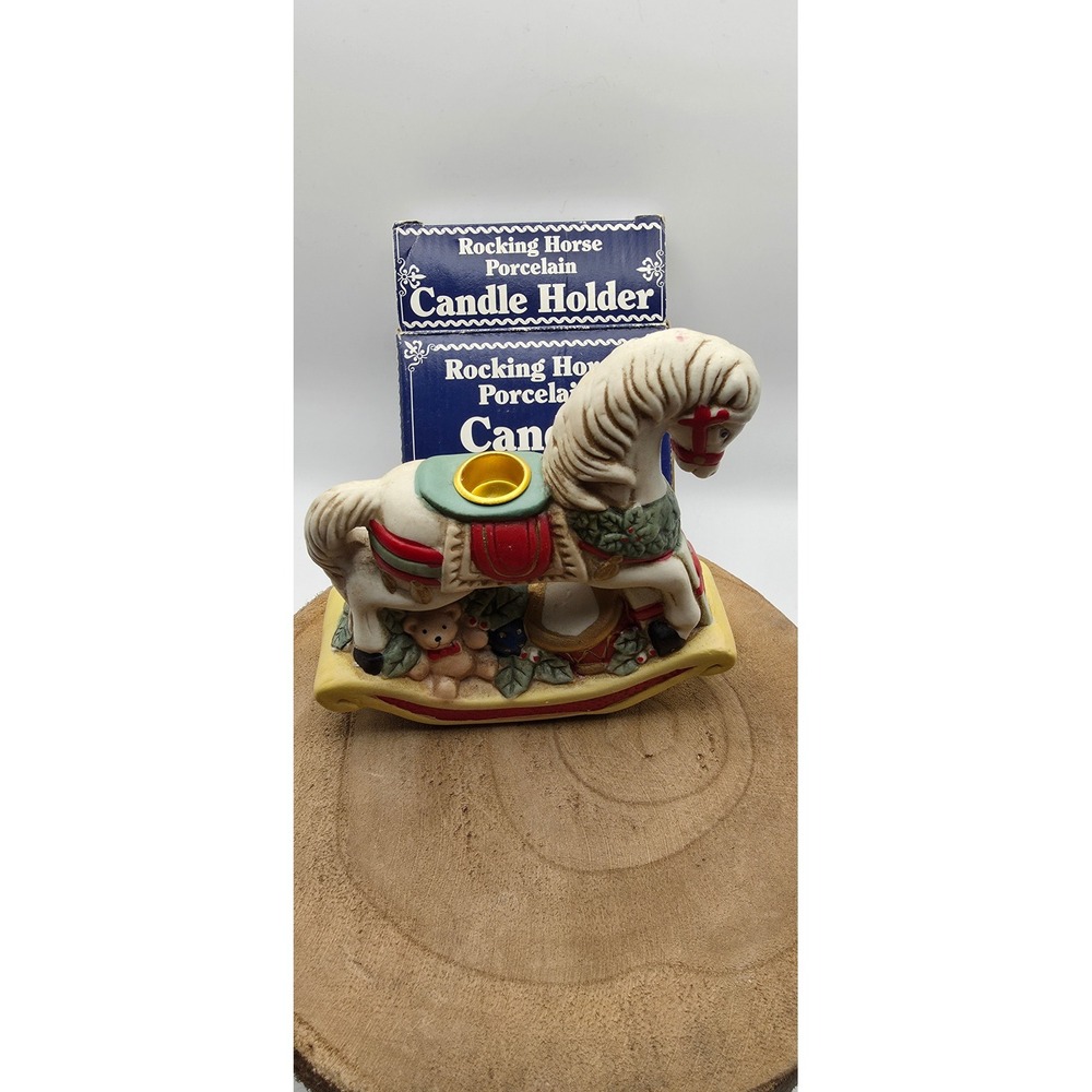 Giftco Rocking Horse Porcelain Candle Holder Hand Painted Christmas Decor Boxed